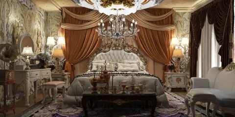 luxurious bedroom design featuring ornate furniture and elegant drapery with a classic vintage style, showcasing interior design with Homestyler's real-time 3D rendering feature.