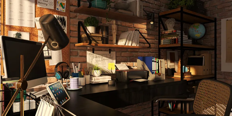 home office setup with stylish desk organization, modern industrial style, promoting productivity with an interior decor focus on cohesive workspace design, featuring Homestyler's real-time 3D rendering function.