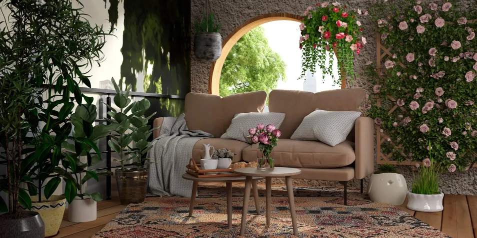 cozy living room with a sofa featuring greenery and floral decor, designed in a modern rustic style, showcasing interior decor inspirations using Homestyler's 3D rendering tool.