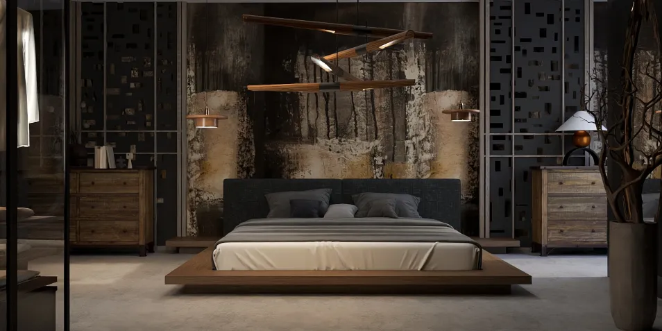 modern bedroom design featuring a wooden platform bed and artistic light fixtures, showcasing a cozy and minimalist style; ideal for interior decor inspiration, utilizing Homestyler's real-time 3D rendering feature.