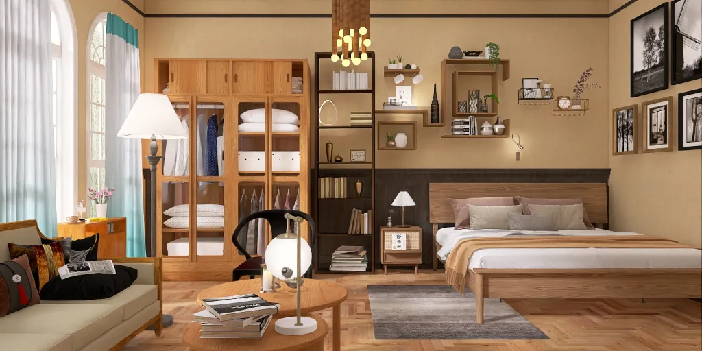 a bedroom with a bed, desk, and a lamp 