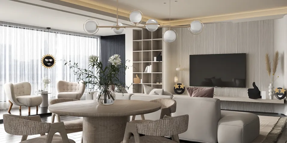 modern living room design featuring a round dining table with woven chairs, soft lighting, and a cozy atmosphere, showcasing interior decor ideas with Homestyler's real-time 3D rendering feature.