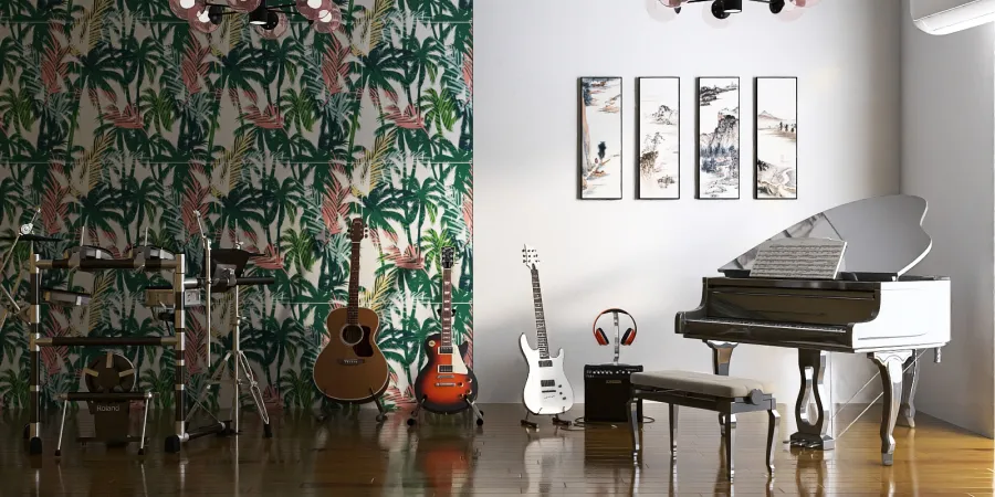 a living room with a piano and a painting on the wall 