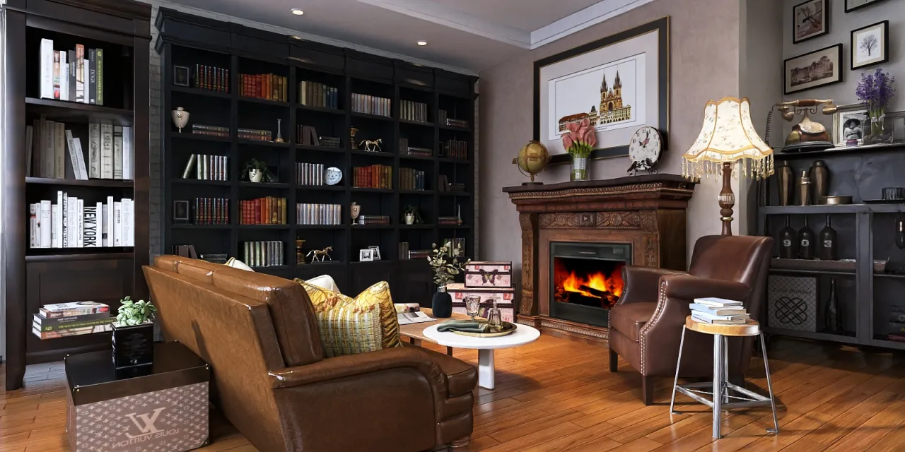 a living room with a fireplace, bookshelf, and a fireplace 