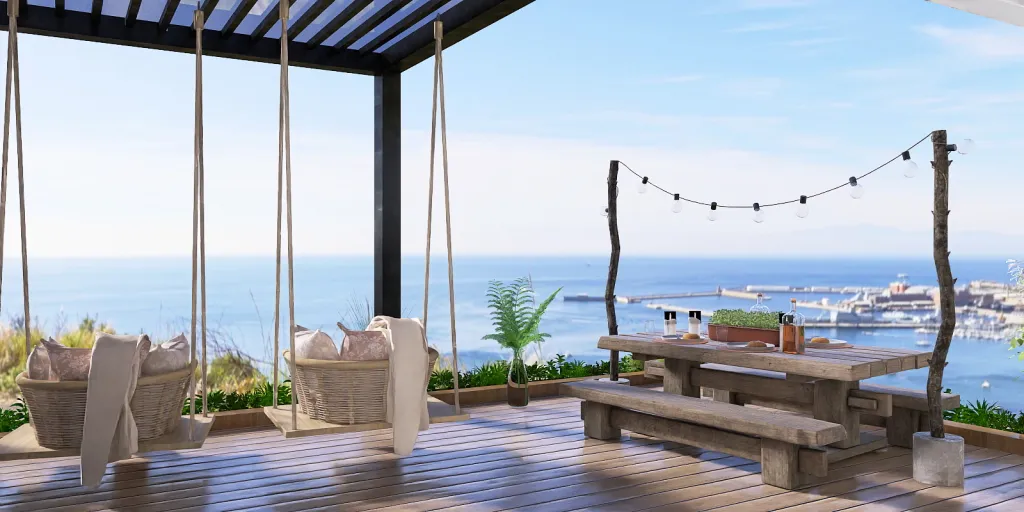 a dining room with a balcony overlooking the ocean 