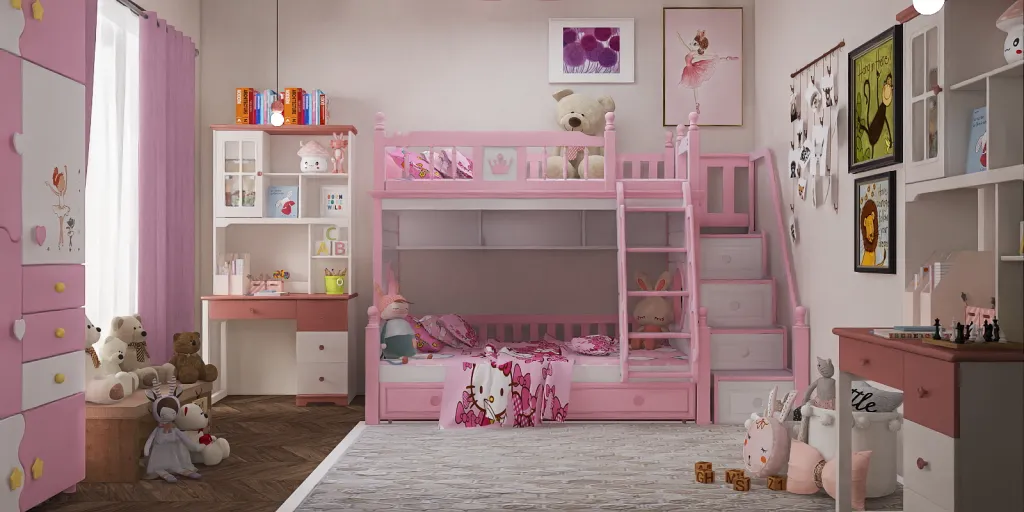a small room with a pink bed and a pink dresser 