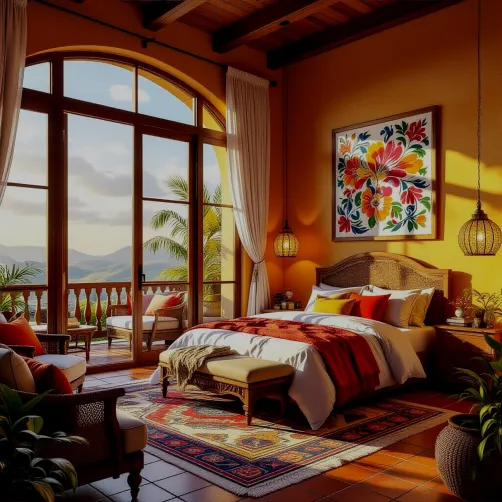 colorful bedroom design with cozy furniture arrangement in a tropical style featuring a scenic view of mountains and palm trees, showcasing Homestyler's real-time 3D rendering capability