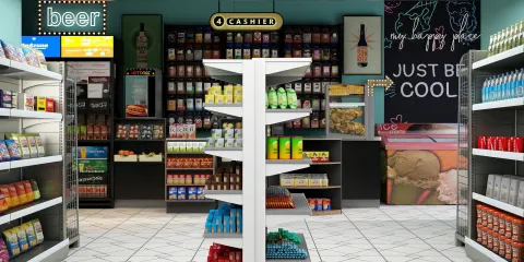 convenience store interior design showcasing merchandise arrangement in a modern style, enhancing retail space optimization with Homestyler's smart furniture layout feature.