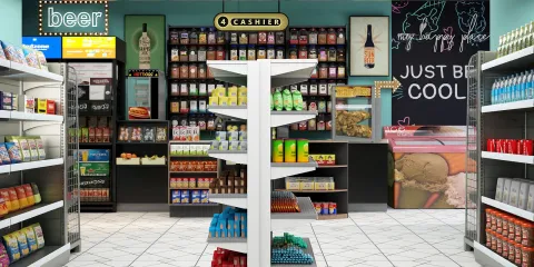 convenience store interior featuring snack displays and beverage shelves with a modern design aesthetic, showcasing an organized retail space optimized for product visibility and customer experience using Homestyler's real-time 3D rendering feature.