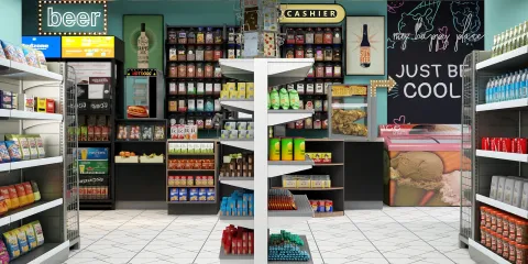 grocery store interior showcasing organized shelves with snacks and beverages, featuring modern design and showcasing efficient layout with Homestyler's 3D rendering capabilities.