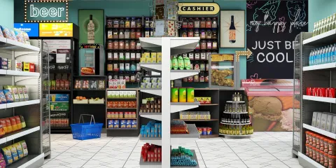 convenience store interior design showcasing product arrangement in a modern style, featuring smart furniture placement for optimal shopping experience using Homestyler's real-time 3D rendering.