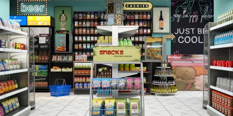 modern convenience store interior design showcasing product arrangement and vibrant colors, featuring smart furniture layout for optimal space utilization with Homestyler's real-time 3D rendering.