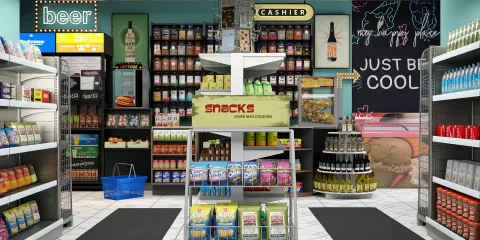 grocery store interior design showcasing organized shelves and a cash register featuring snack products in a modern style; includes a long-tail keyword related to interior decor and highlights Homestyler's real-time 3D rendering feature.