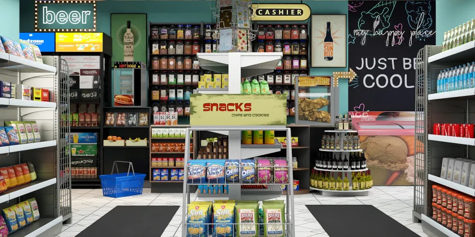 grocery store interior design showcasing organized shelves and a cash register featuring snack products in a modern style; includes a long-tail keyword related to interior decor and highlights Homestyler's real-time 3D rendering feature.