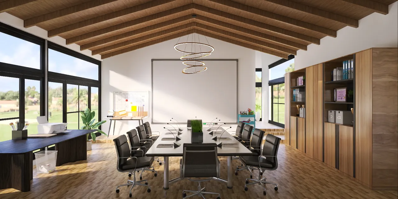 a dining room with a large window and a large wooden table 