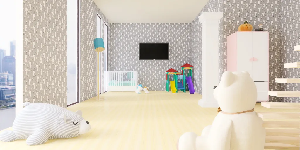 a white teddy bear sitting on a rug in a room 