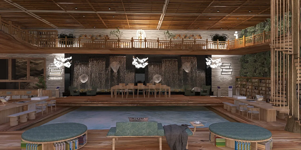 a room with a large wooden ceiling and a large wooden table 