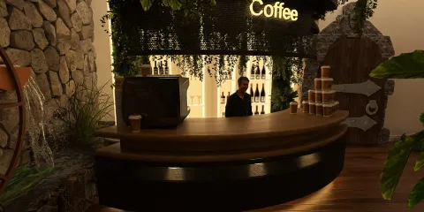 coffee shop counter design featuring a wooden bar with plants and stone wall accents, showcasing a contemporary style for interior decor using Homestyler's real-time 3D rendering feature.