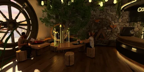 Natural wooden furniture arrangement with a cozy seating area featuring a tree centerpiece, designed in an organic style, ideal for a welcoming interior space; created using Homestyler's real-time 3D rendering feature.