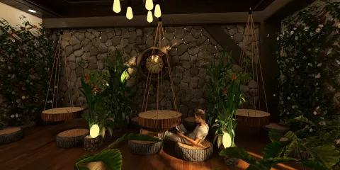 hanging wooden seats creating a cozy atmosphere with tropical plants and natural stone walls in a modern interior design, featuring Homestyler's real-time 3D rendering for effect preview.