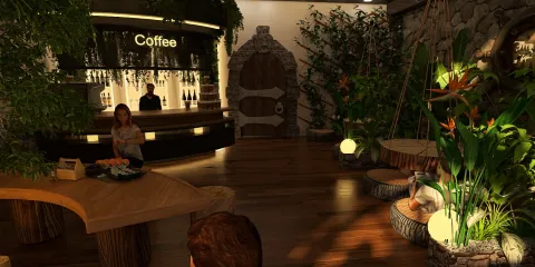 Coffee shop interior featuring natural wood elements and lush greenery, designed using Homestyler's real-time 3D rendering for a cozy atmosphere.