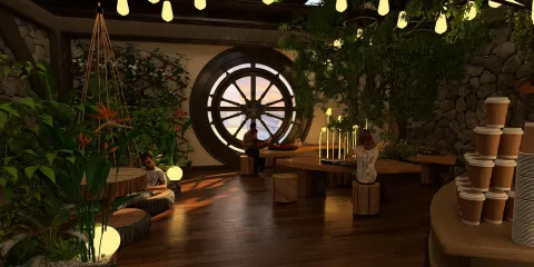 cozy indoor cafe seating arrangement with greenery and rustic decor, showcasing a natural aesthetic, enhancing relaxation in living spaces using Homestyler's real-time 3D rendering.