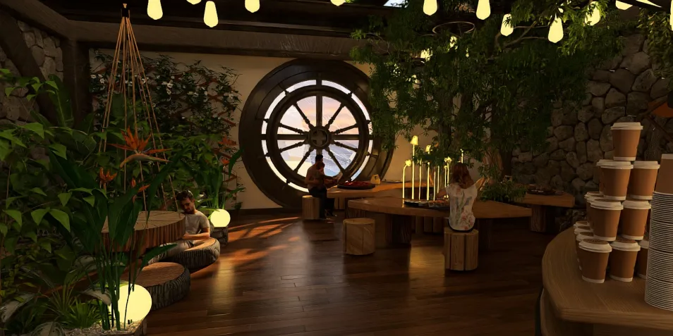 cozy indoor cafe seating arrangement with greenery and rustic decor, showcasing a natural aesthetic, enhancing relaxation in living spaces using Homestyler's real-time 3D rendering.