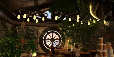 Interior space featuring an organic cafe design with lush greenery and unique lighting fixtures, showcasing the ambiance of relaxation and comfort while utilizing Homestyler's real-time 3D rendering feature for design visualization.