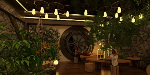 interior space featuring a natural concept with lush plants and artistic lighting, showcasing the use of Homestyler's real-time 3D rendering for design proposal demonstration.