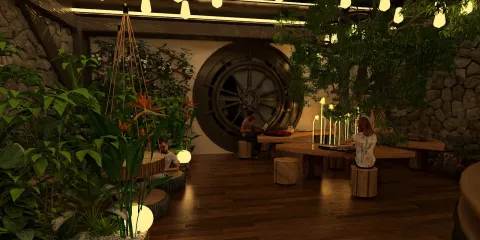 cozy indoor seating area with plants and wood elements creating a tranquil atmosphere in a nature-inspired design using Homestyler for interior decoration