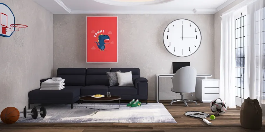 a living room with a couch, coffee table, and a clock 