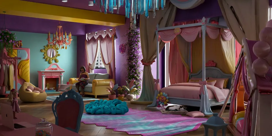 colorful bedroom design with a playful layout featuring a canopy bed and vibrant decor optimized using smart furniture arrangement for space efficiency with Homestyler's real-time 3D rendering capability