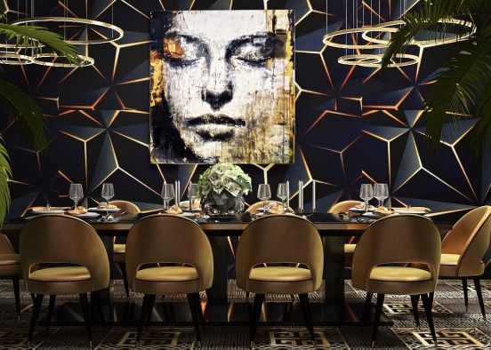 Moody Black and Gold Dining Room  Design Rendering