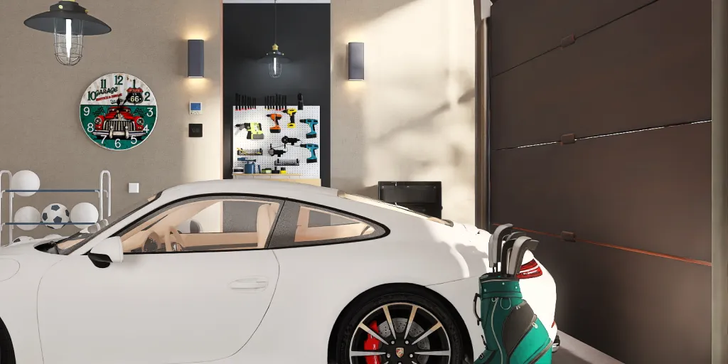 a car is parked in a garage with a clock on the wall 