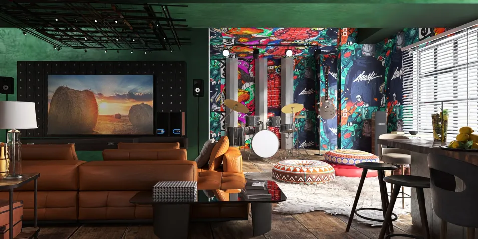 Modern living room featuring a vibrant wall mural and acoustic design elements, optimizing space for entertainment with smart furniture arrangement using Homestyler's real-time 3D rendering.