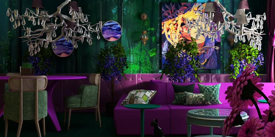 vibrant living room with modern furniture showcasing smart furniture arrangement in a contemporary style, featuring Homestyler's real-time 3D rendering capability for immersive design previews