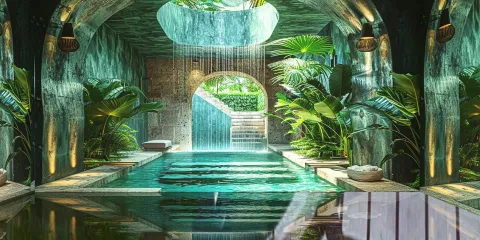 indoor swimming pool with waterfall feature showcasing a luxurious tropical spa design, utilizing Homestyler's real-time 3D rendering for an immersive view.