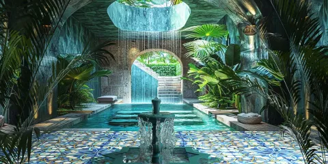 luxurious indoor pool design featuring a cascading waterfall, tropical plants, and vibrant mosaic tiles, showcasing an immersive 3D interior rendering using Homestyler's real-time 3D rendering feature