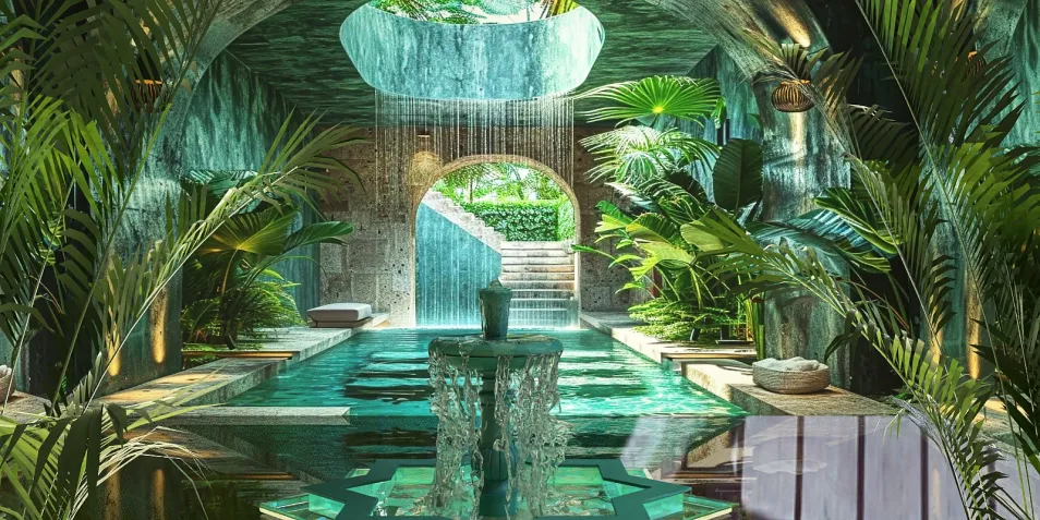 Serene indoor pool with cascading waterfall and lush greenery, showcasing a tropical oasis design, enhancing relaxation and wellness space, featuring Homestyler's real-time 3D rendering capability.