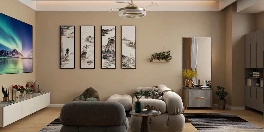 a living room with a couch, table, and a painting on the wall 