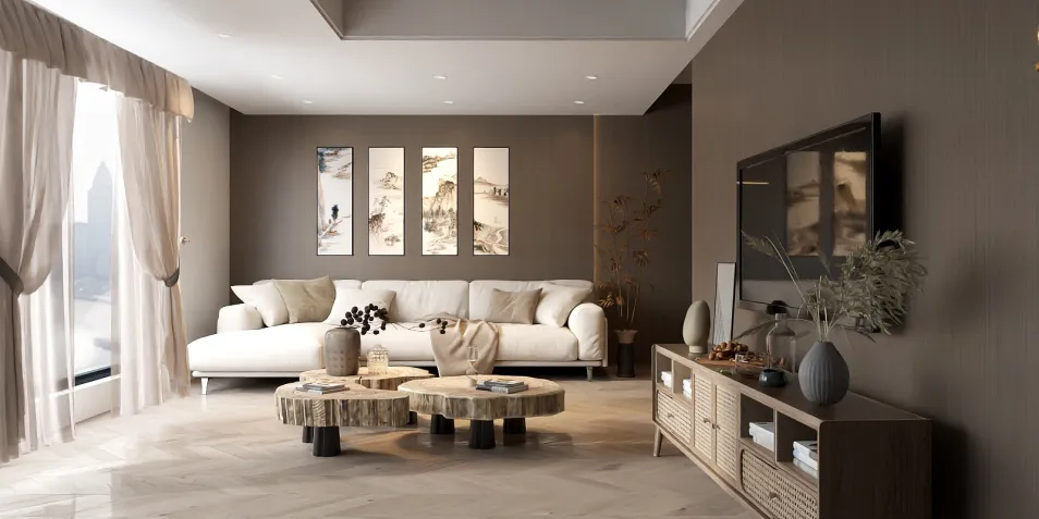 living room with natural wood coffee tables and a white sofa showcasing a modern minimalist style, emphasizing cozy interior decor with Homestyler's real-time 3D rendering feature.