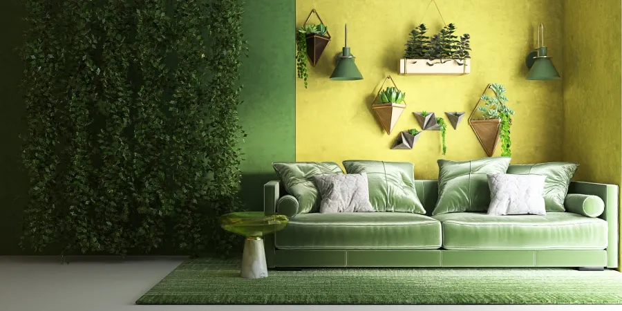 a living room with a couch, chair, and a plant 