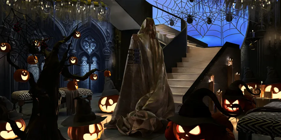spooky Halloween scene with carved pumpkins and cobwebs enhancing the interior design; featuring an immersive ambiance for 3D rendering using Homestyler's real-time capabilities