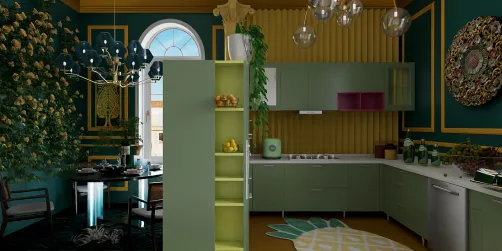 Green and yellow dining room and kitchen