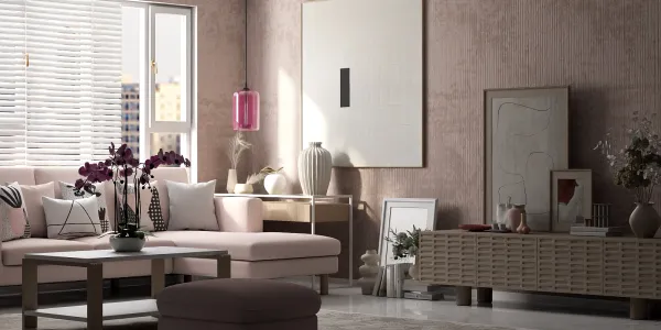 modern living room featuring a cozy pink sofa arrangement and stylish decor accents, designed for optimal interior aesthetics using Homestyler's real-time 3D rendering feature for quick design previews.