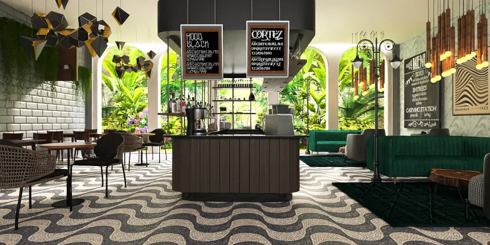 modern cafe interior featuring a stylish bar area with unique lighting elements and green seating, showcasing interior decor optimization with Homestyler's intelligent furniture arrangement feature.