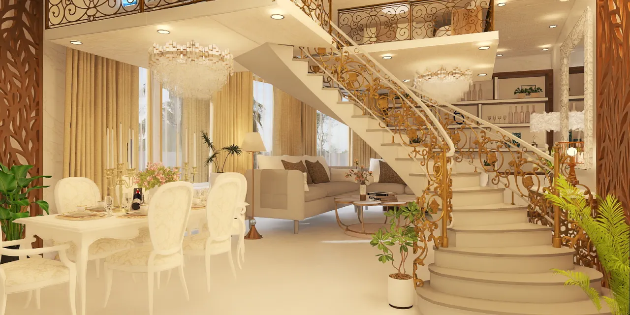 a large room with a large staircase leading to a balcony 