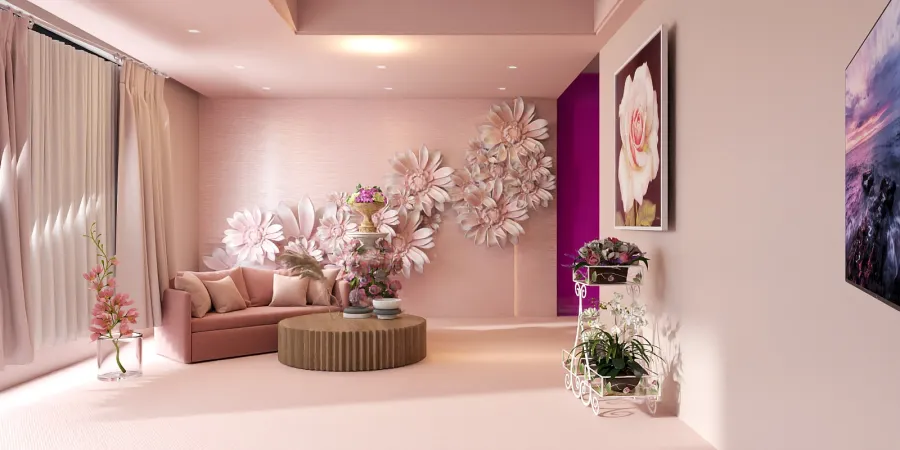 a living room with a flower arrangement in the corner 