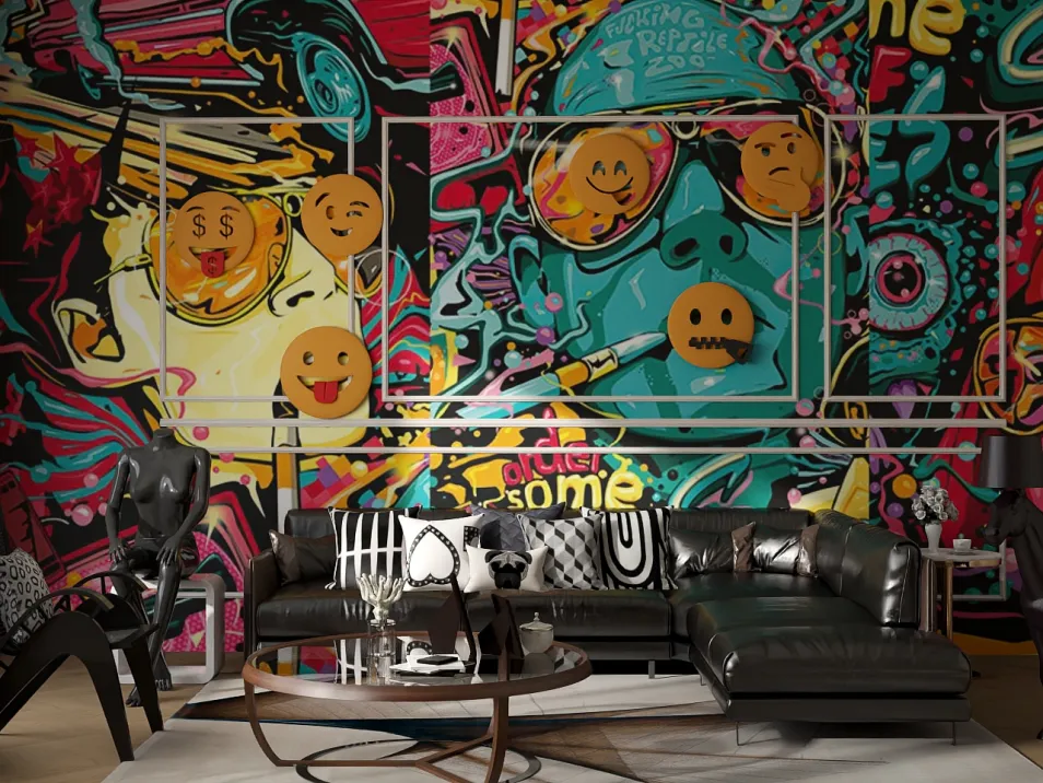 modern living room design featuring a vibrant graffiti wall art, showcasing bold colors and playful designs, utilizing Homestyler's real-time 3D rendering for an immersive visualization experience