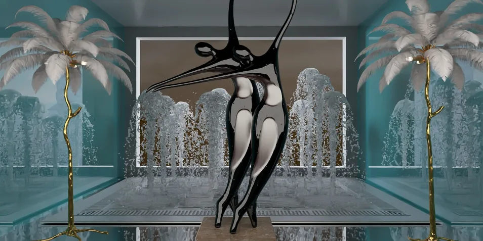 modern sculpture featuring abstract figures in a luxury indoor water feature space, showcasing elegant design elements, using Homestyler's real-time 3D rendering feature to visualize interior decor.